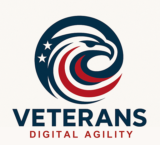 Veterans Digital Agility logo featuring a stylized patriotic eagle with red and navy elements representing strength, precision, and digital performance.